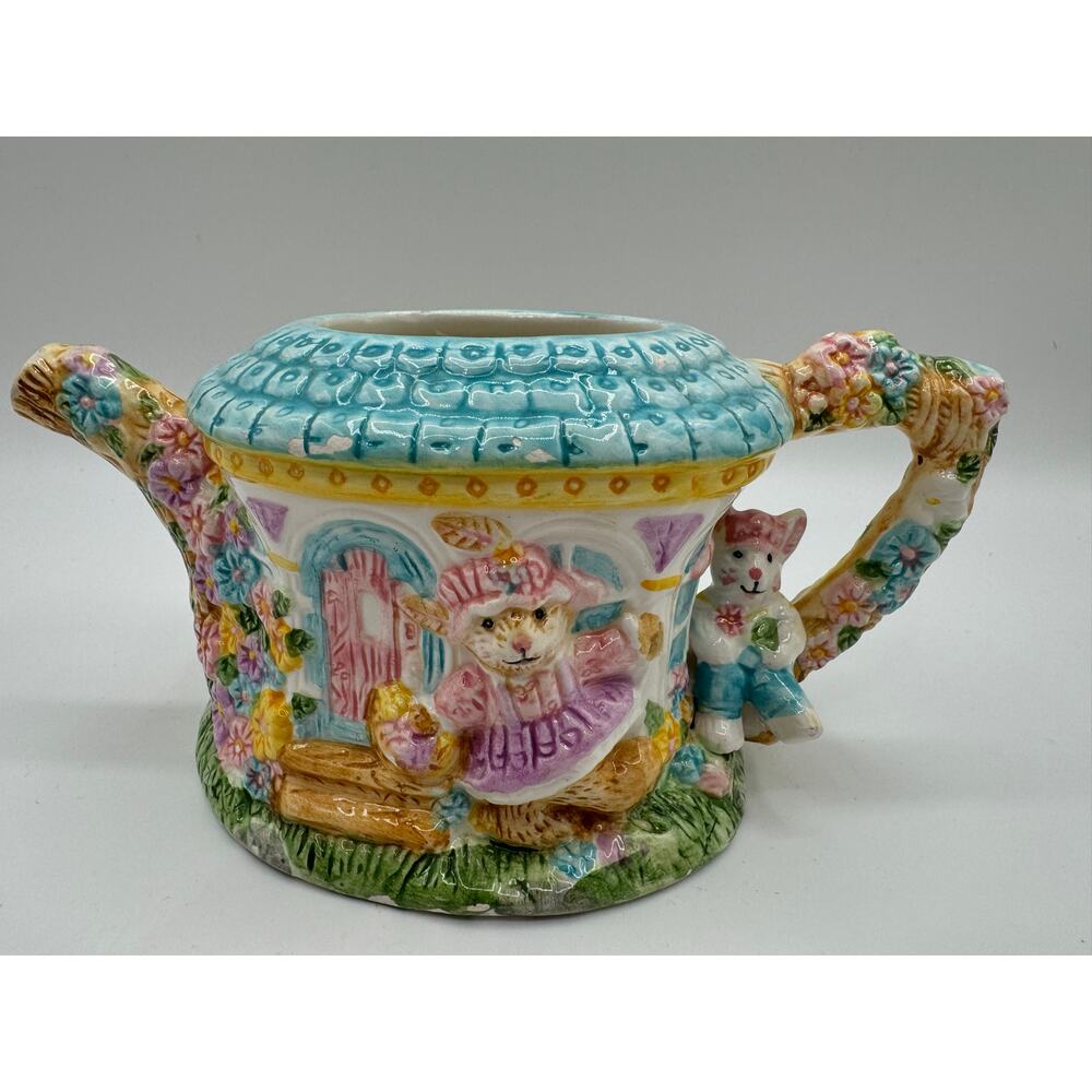Mercuries 1994 Hand-Painted Ceramic Teapot Cottage Bunny & Bear Floral Pastel‎ l